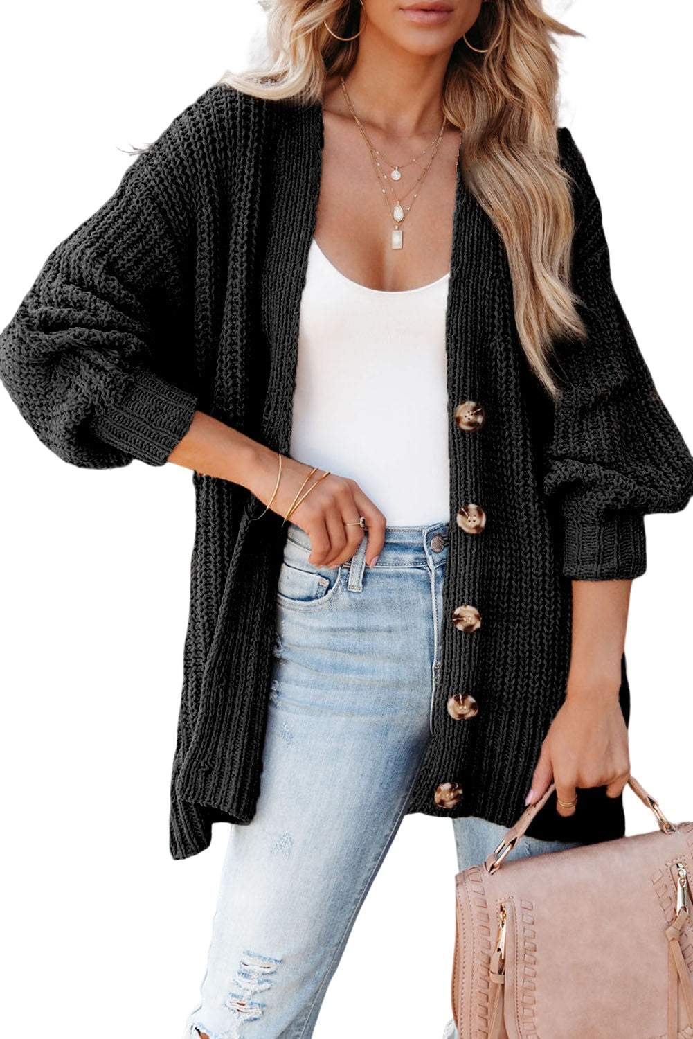 Khakifarbene, einfarbige, lässige Strickjacke mit Knöpfen