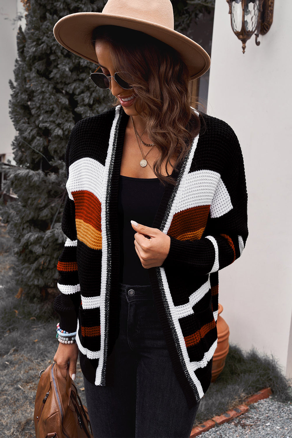 Striped Open Front Dropped Shoulder Longline Cardigan