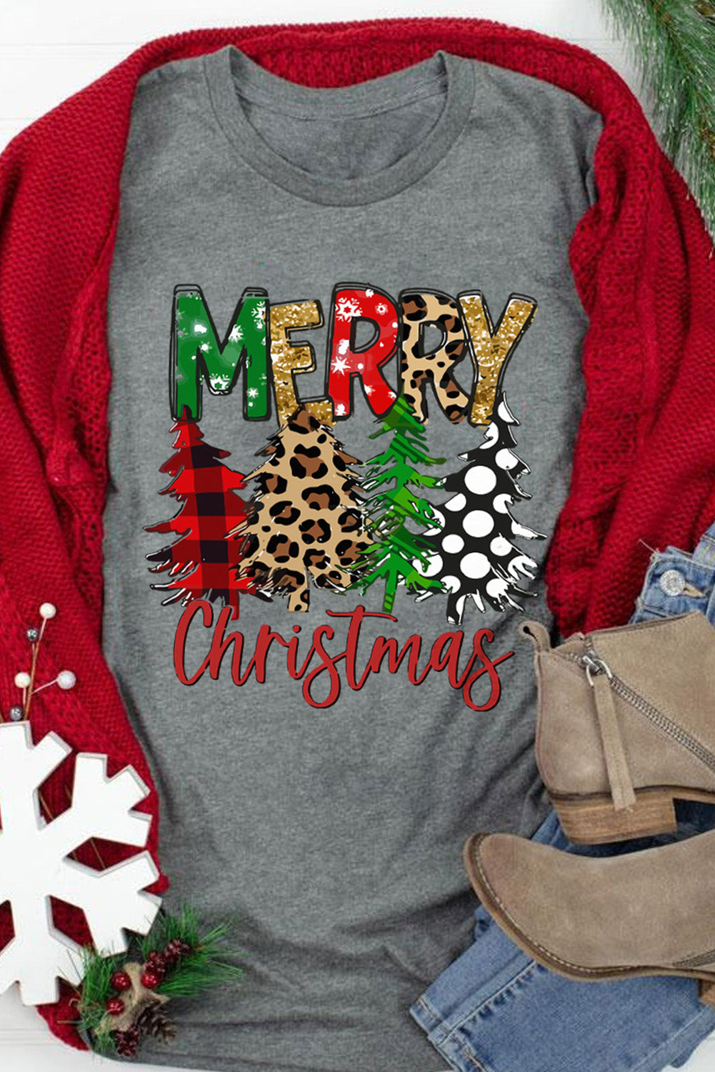 Graues T-Shirt mit Rundhalsausschnitt und Weihnachtsbaum-Print