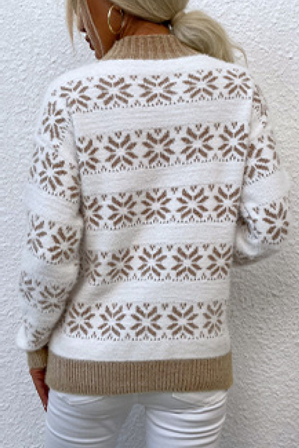 Snowflake Contrast Trim Long Sleeve Sweater