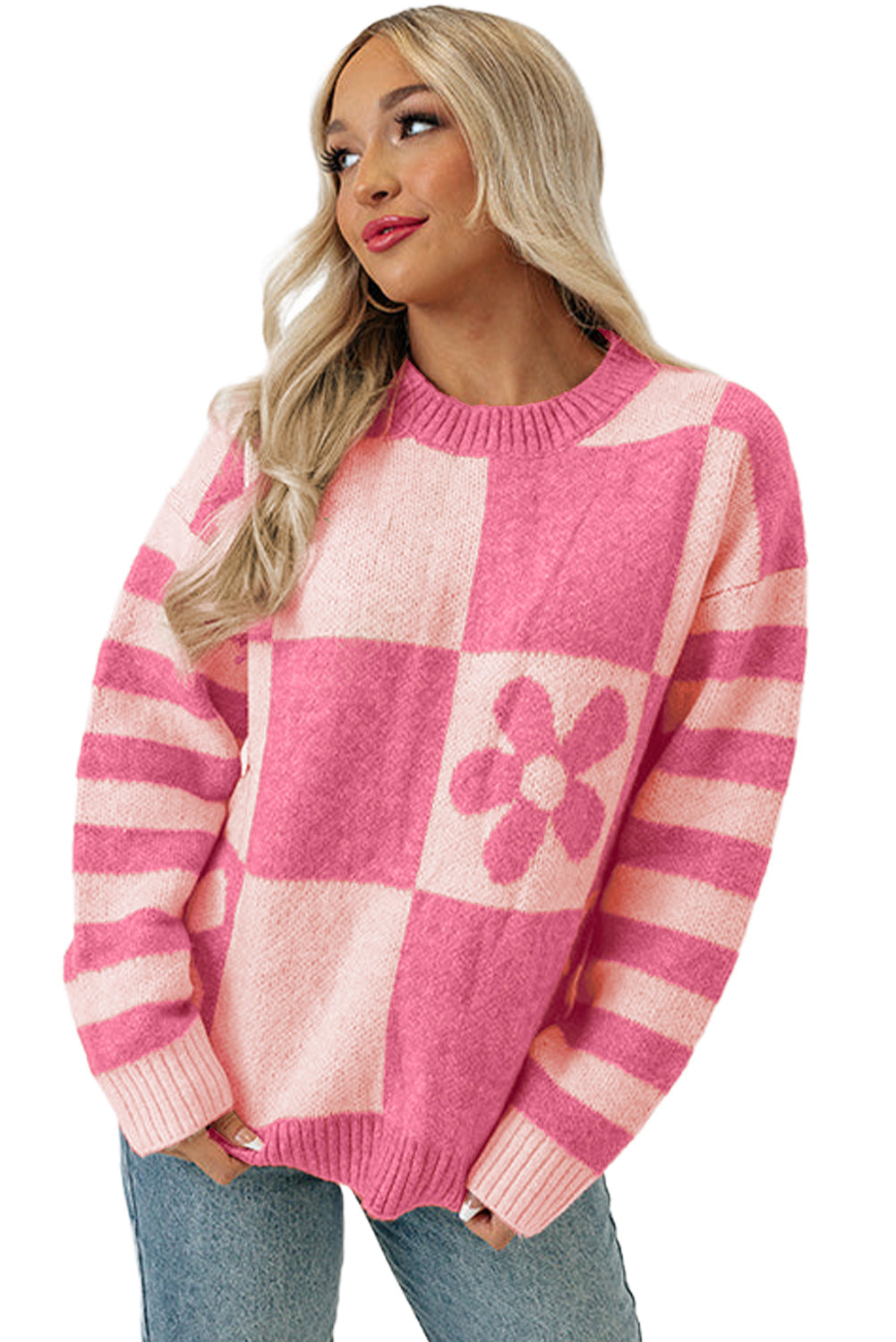 Brown Checkered Striped Knitted Pullover Sweater