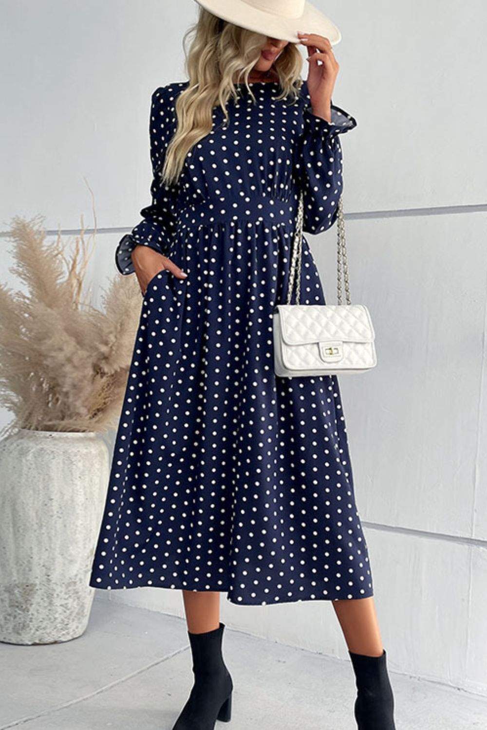 Polka Dot Long Flounce Sleeve Midi Dress