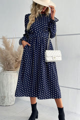 Polka Dot Long Flounce Sleeve Midi Dress