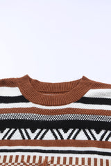 Striped Fringe Trim Round Neck Sweater