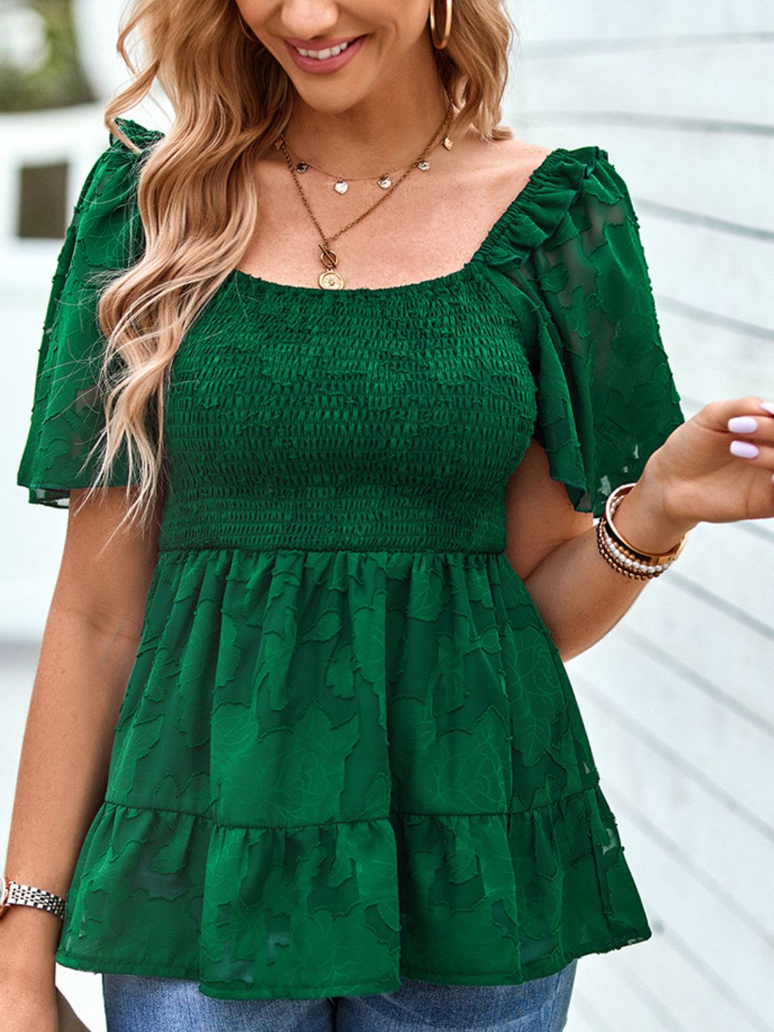 Gesmoktes Babydoll-Bluse mit quadratischem Ausschnitt
