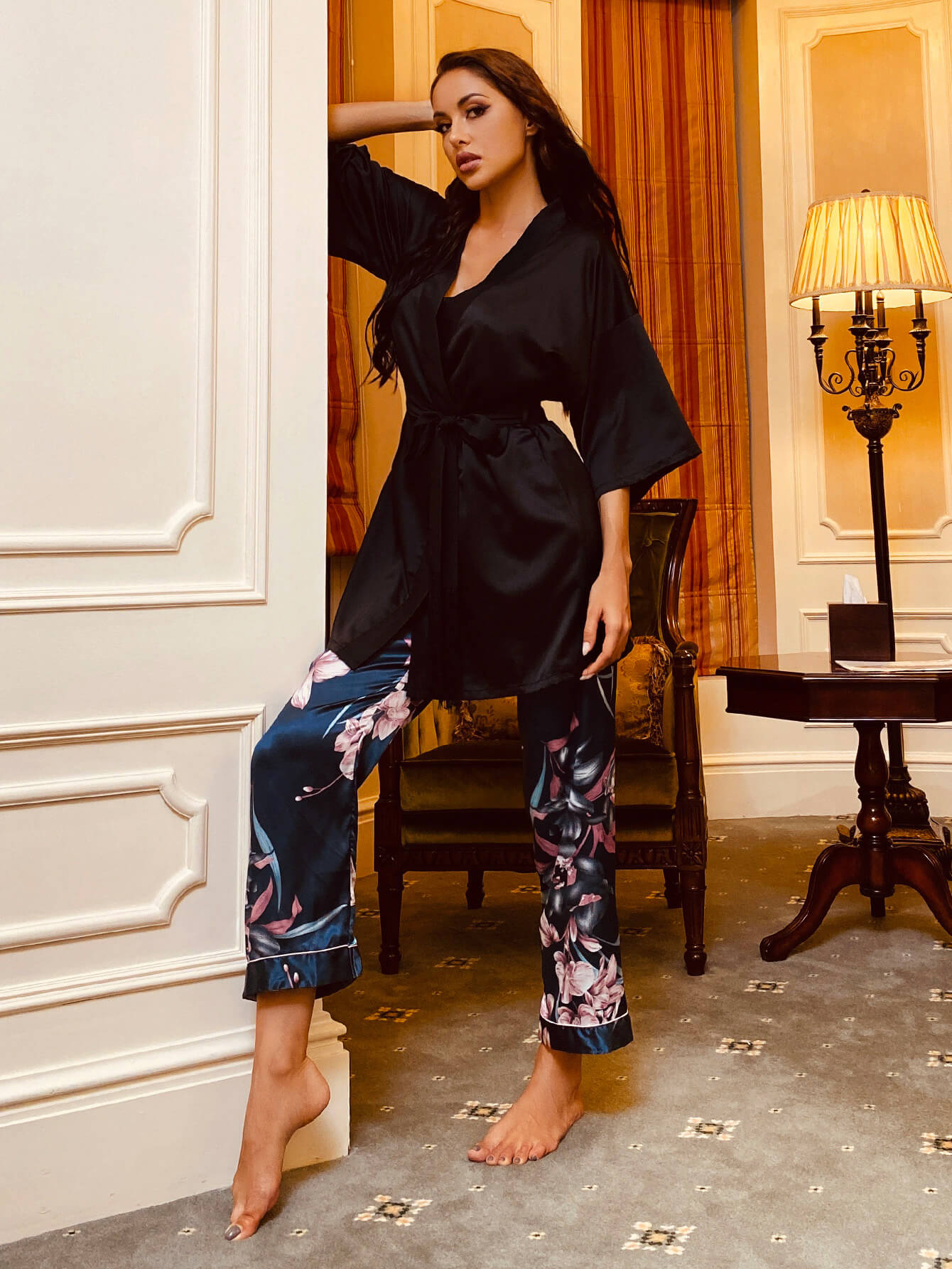 Cami, Robe, Printed Pants Pajama Set