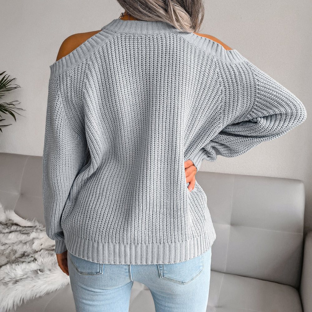 Rib-Knit Cold Shoulder Long Sleeve Sweater