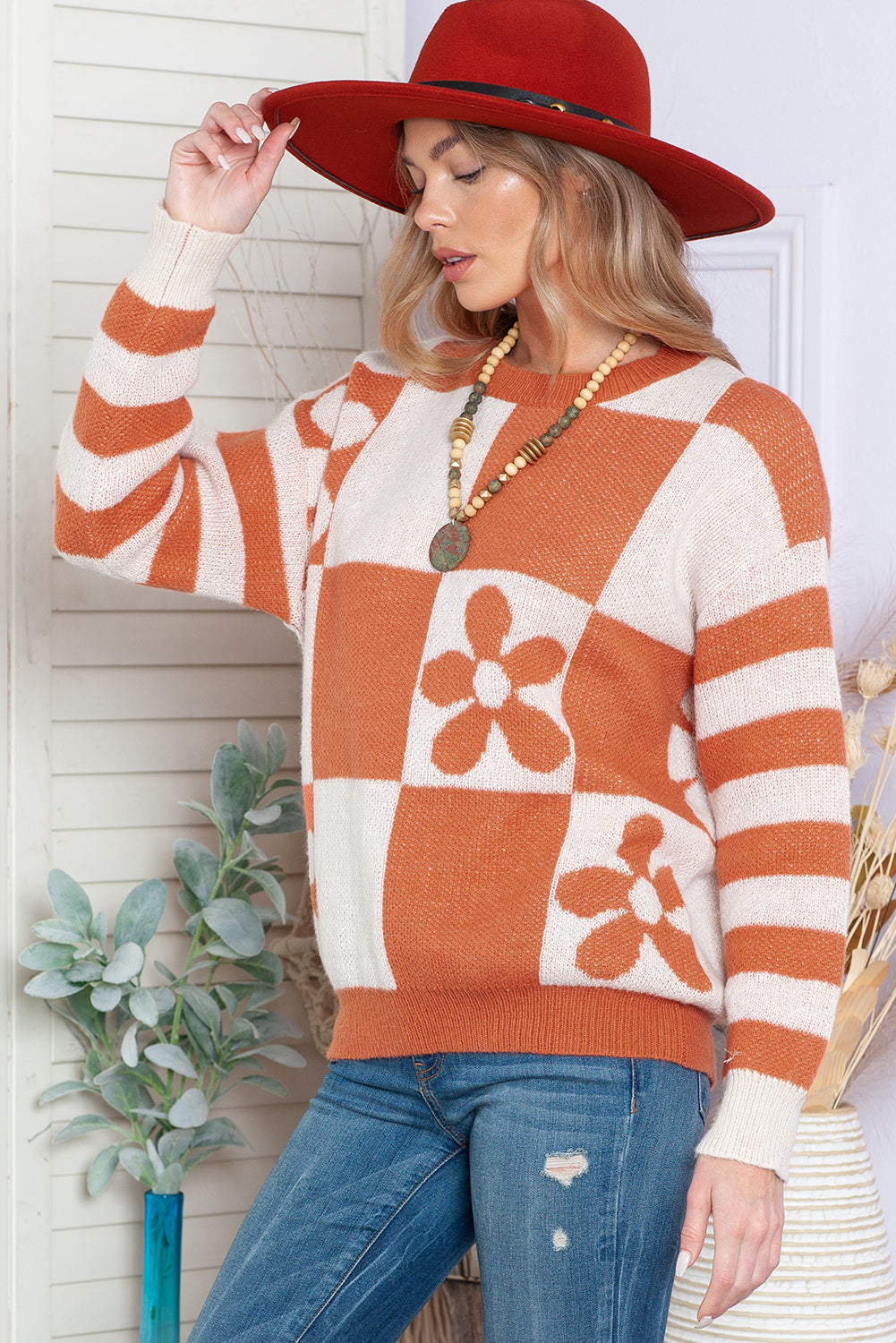 Brown Checkered Striped Knitted Pullover Sweater