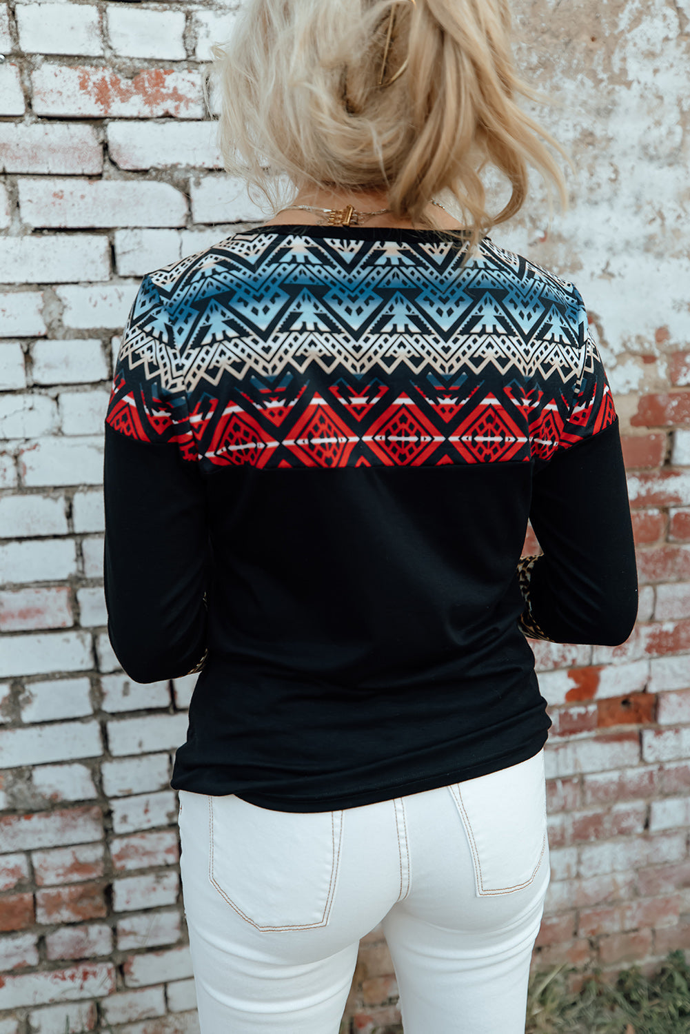 Printed Color Block Round Neck Top