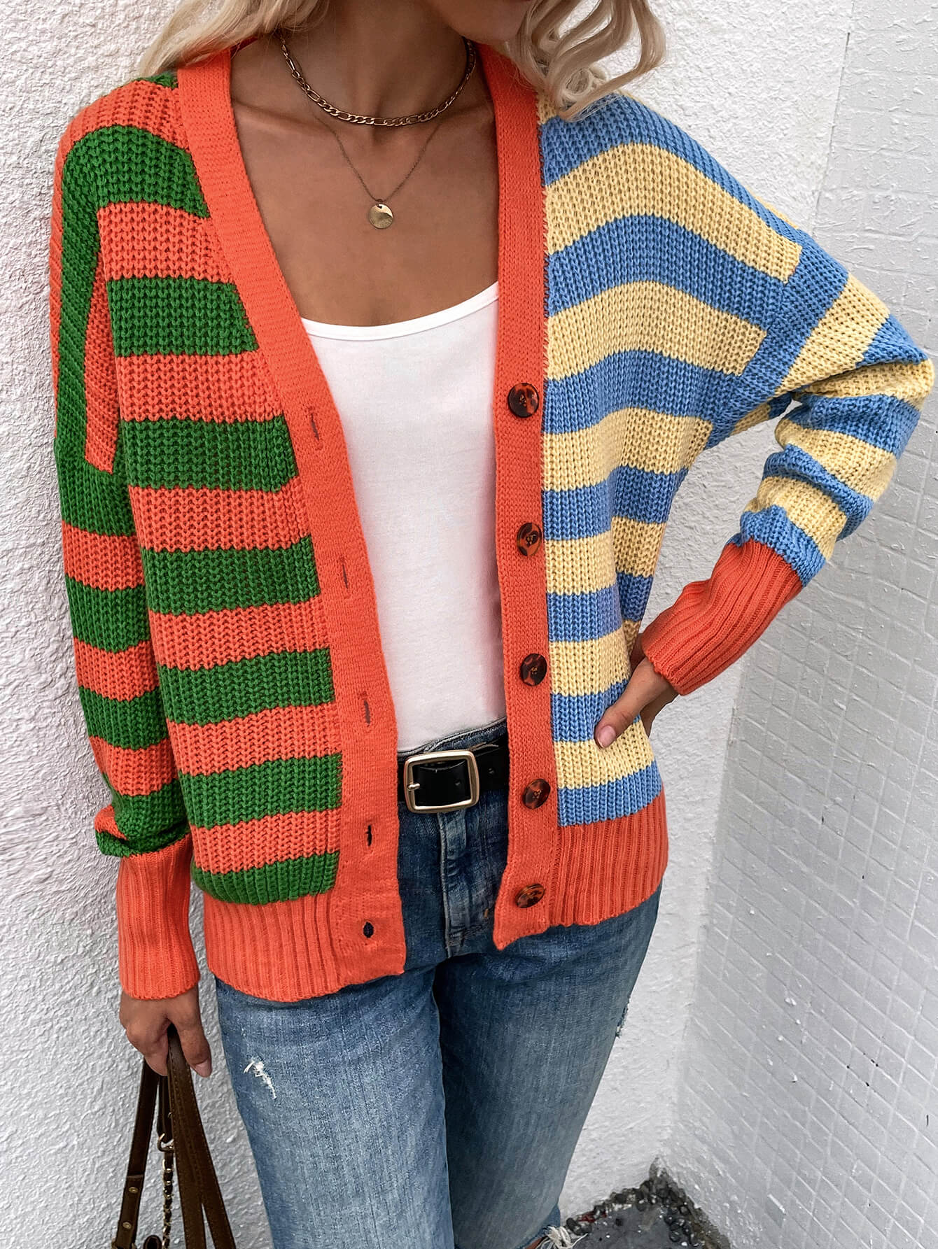 Striped Color Block Button Down Cardigan