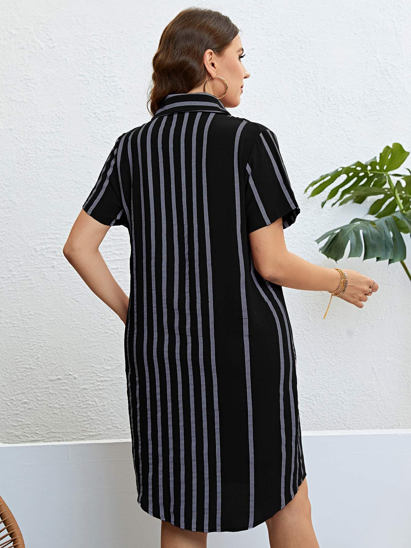 Plus Size Striped Short Sleeve Shirt Dress