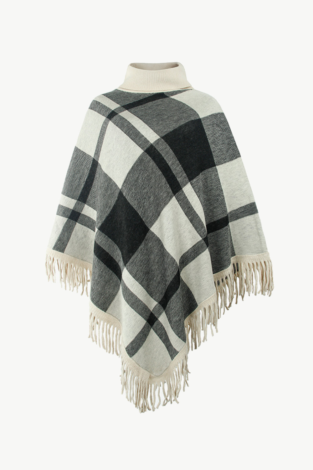 Plaid Fringe Hem Turtleneck Poncho