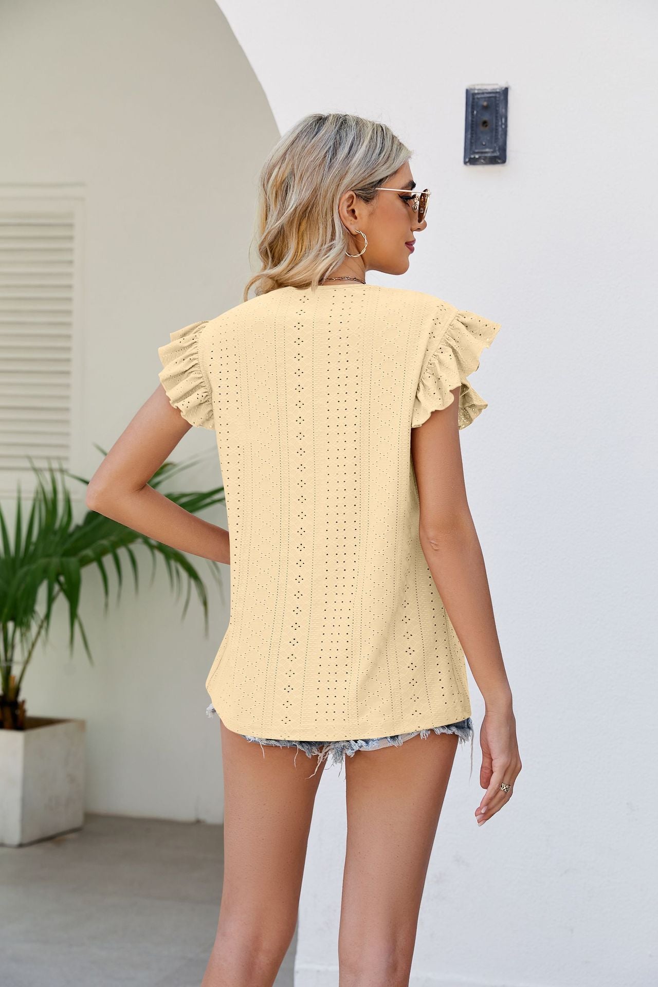 Smocked Round Neck Flutter Sleeve Top