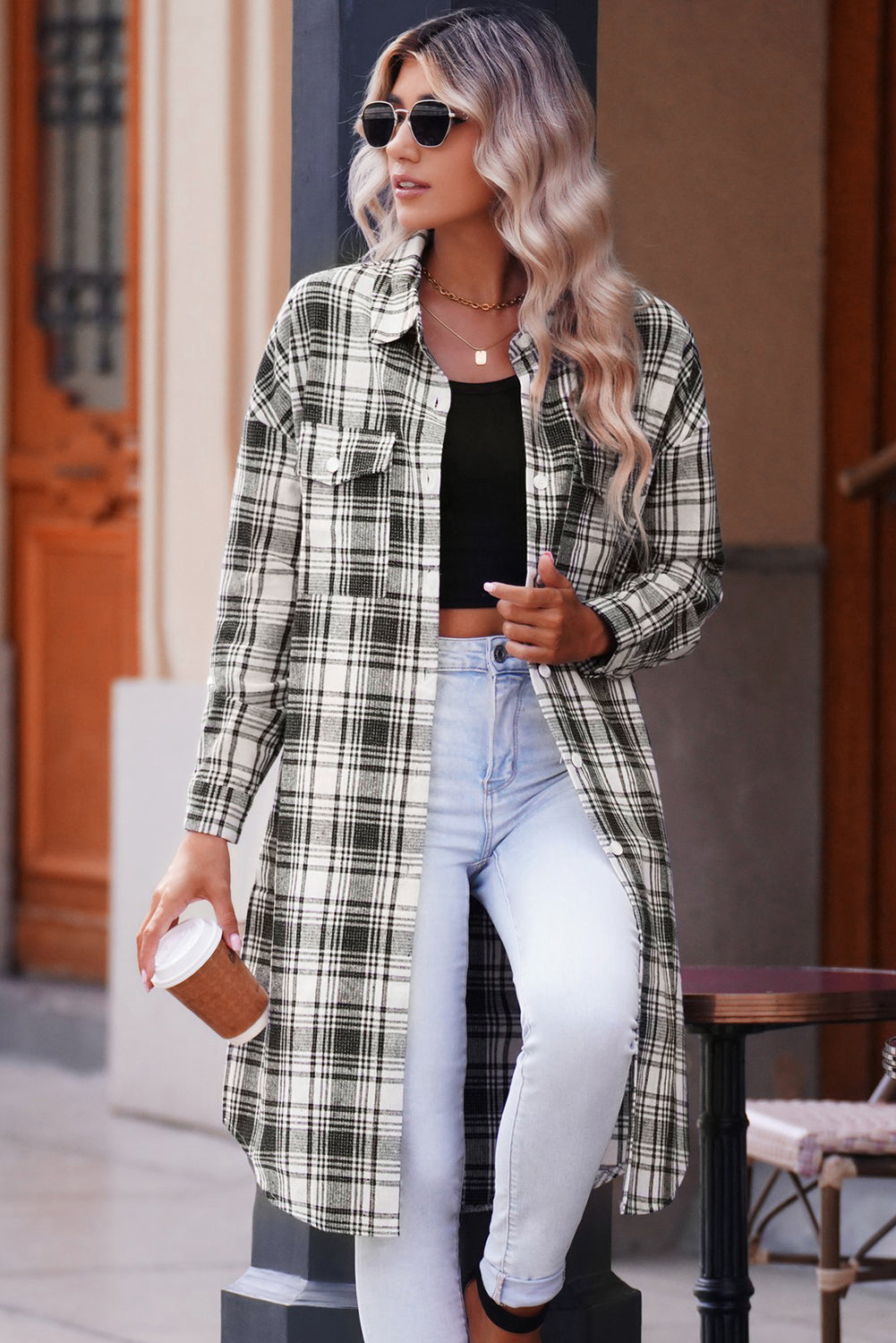 Karierte, lange Hemdjacke mit Knopfleiste und Brusttaschen