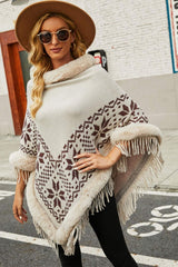 Patterned Faux Fur Trim Fringe Hem Poncho