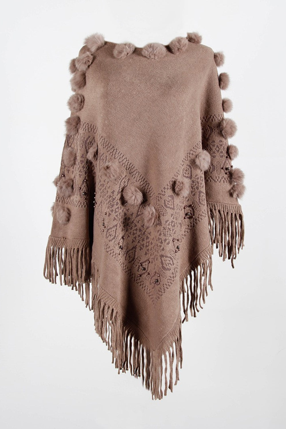 Bead Trim Boat Neck Fringed Poncho