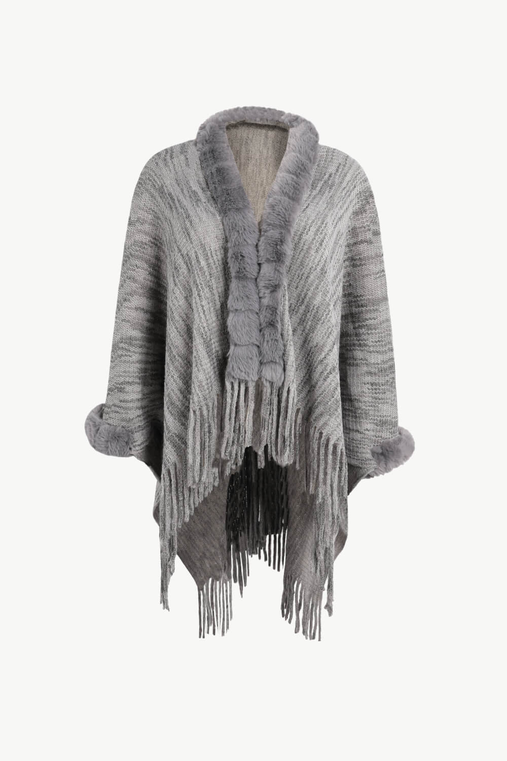 Heathered Faux Fur Fringe Hem Poncho