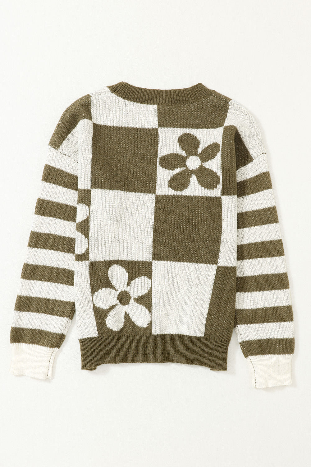 Brown Checkered Striped Knitted Pullover Sweater