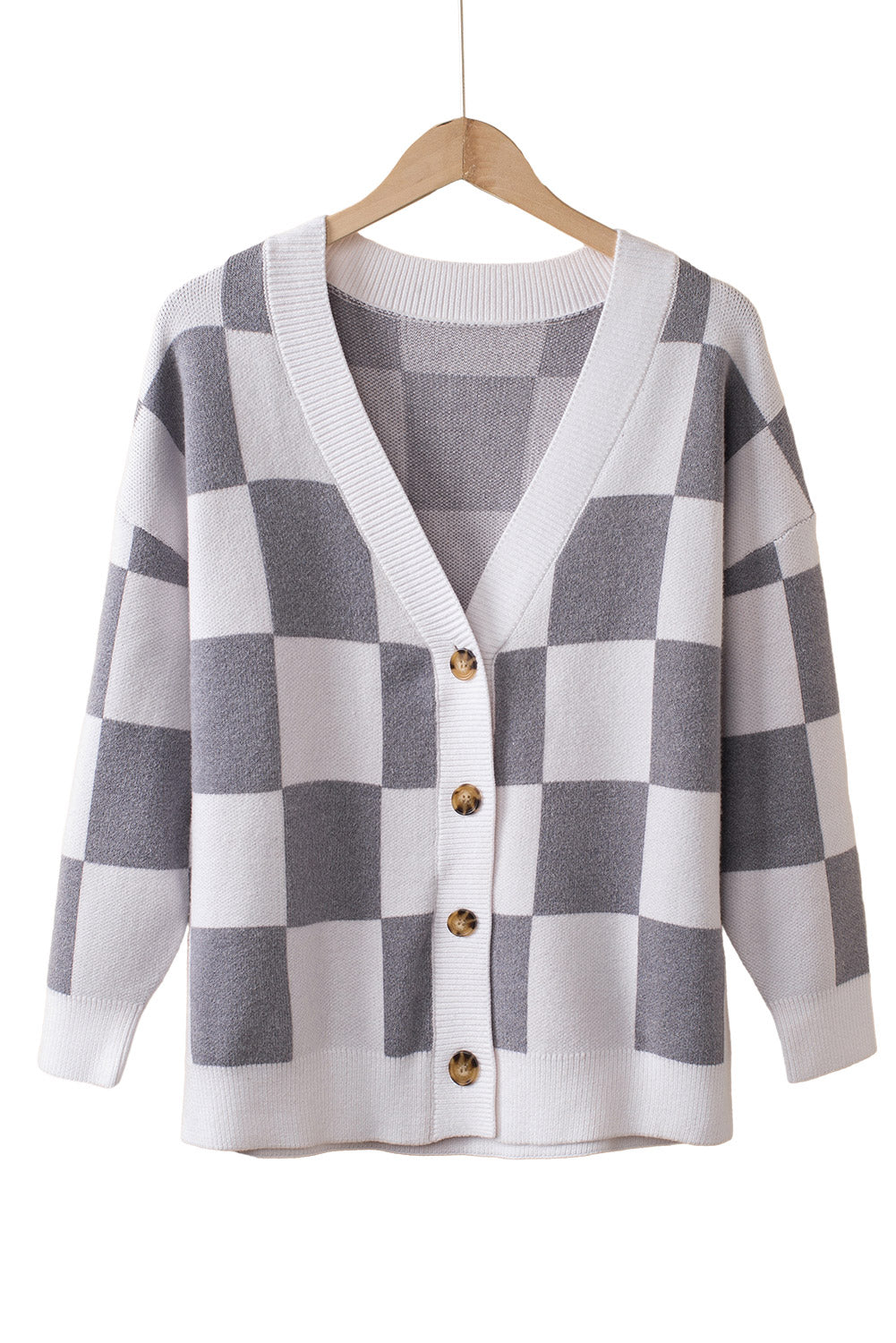 Braune Strickjacke mit Farbblock-Muster und geripptem Strick und Knopfleiste