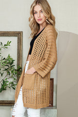 Kamelfarbener Pointelle-Strickcardigan mit offener Vorderseite und Tasche