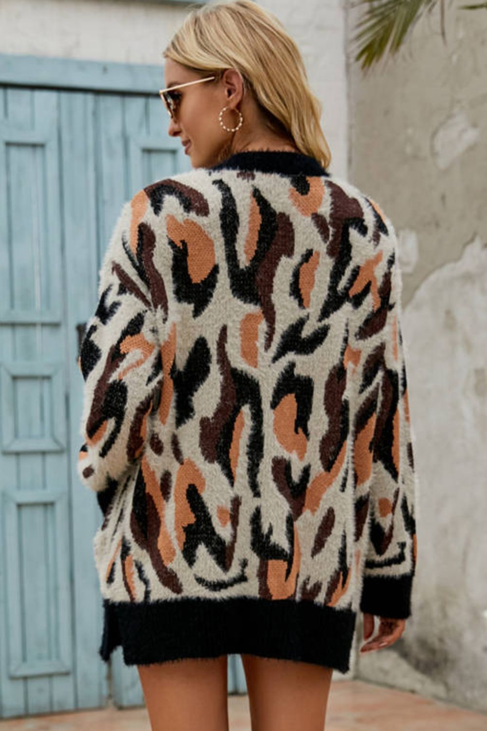 Animal Print Open Front Fuzzy Longline Cardigan