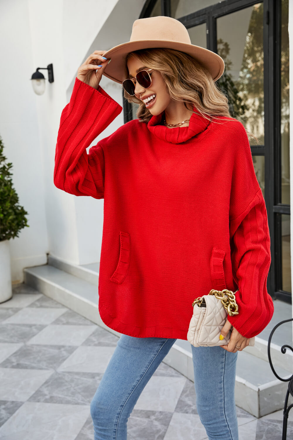 Curved Hem Turtleneck Sweater