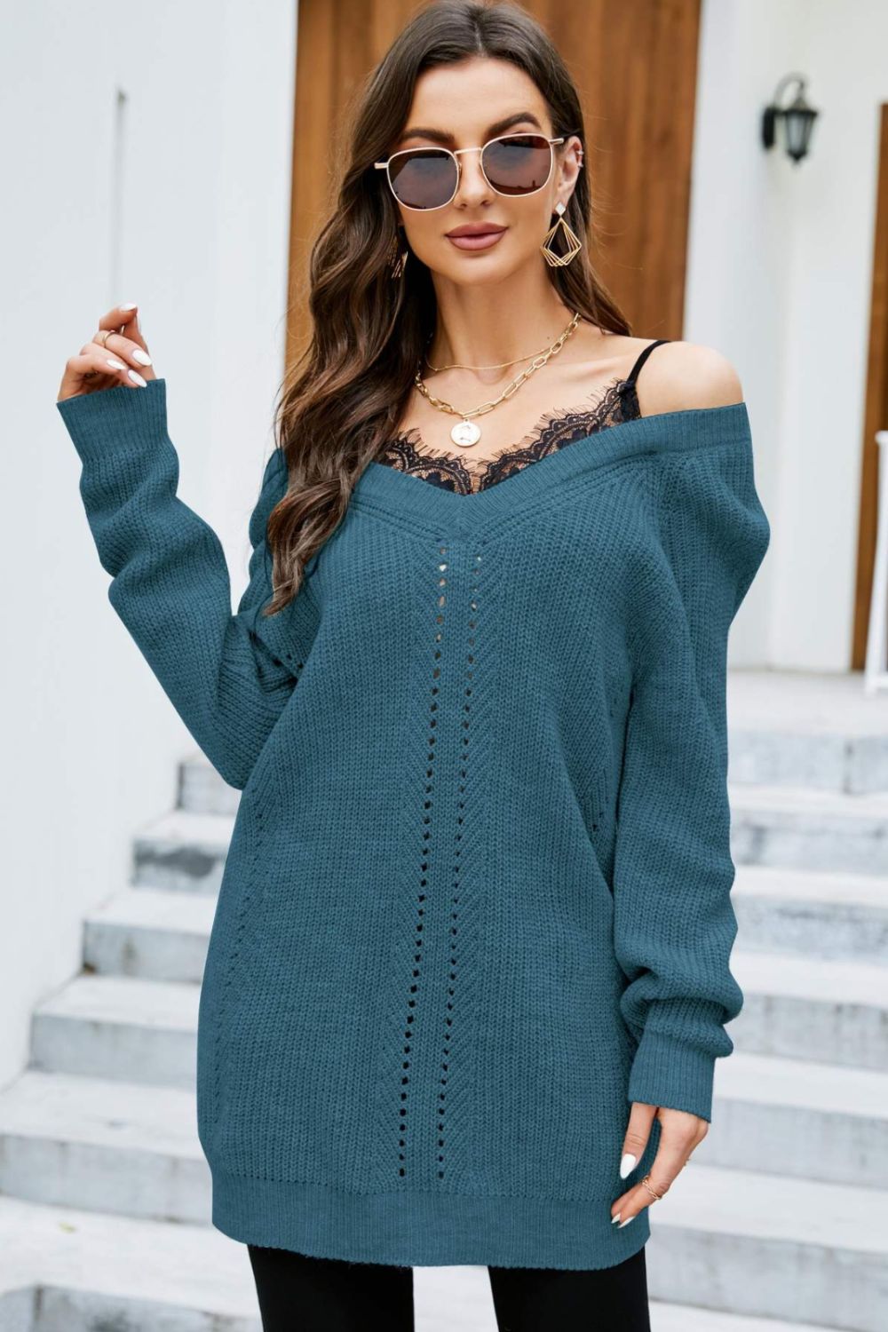 Spliced Lace Cold-Shoulder Tunic Sweater