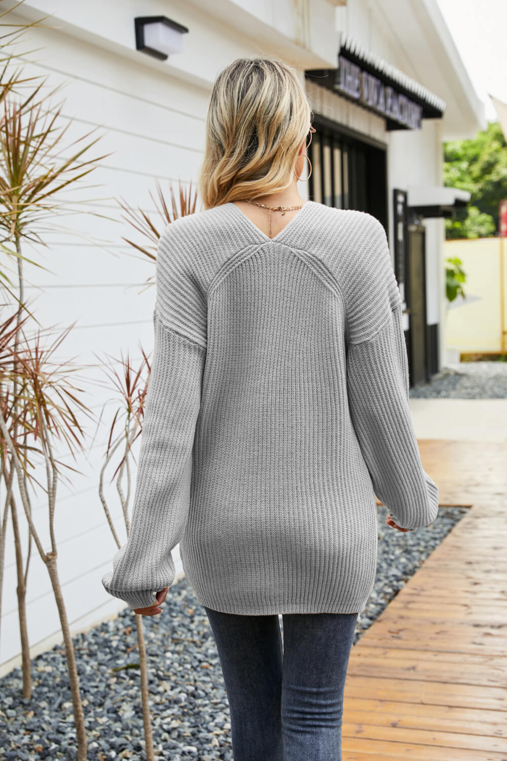 Rib-Knit V-Neck Tunic Sweater