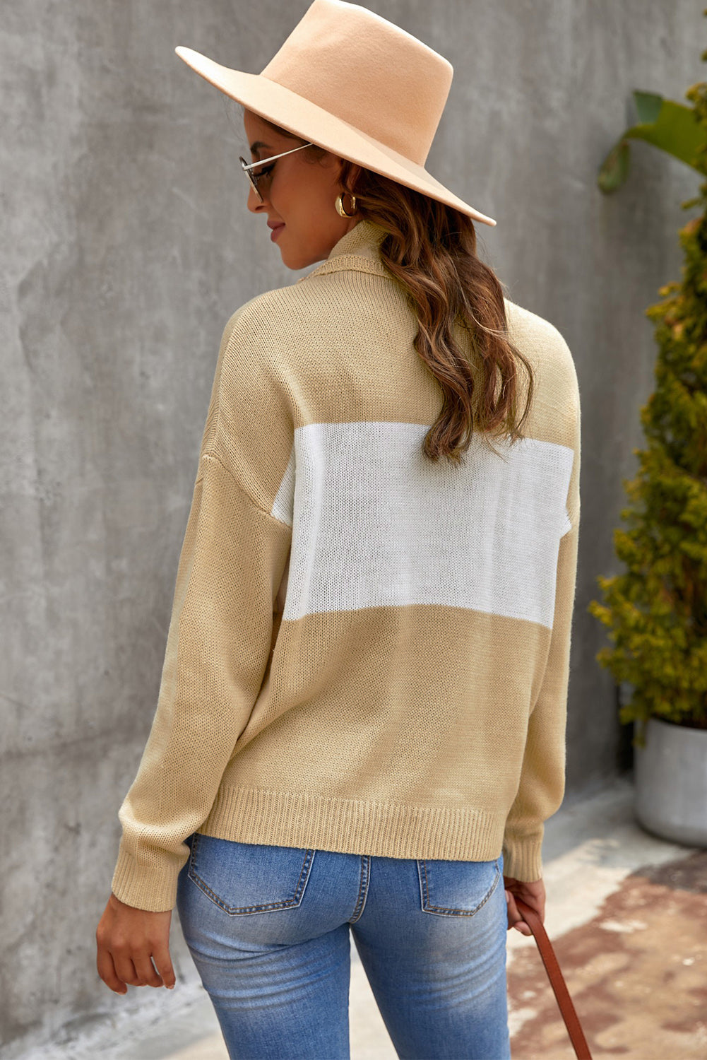 Color Block Cable-Knit Turtleneck Dropped Shoulder Sweater