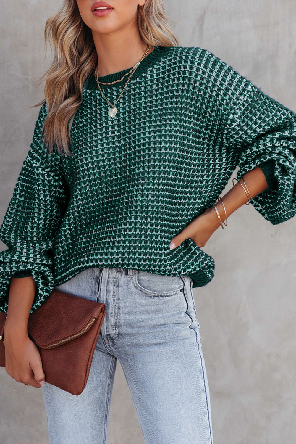 Red Heathered Knit Drop Shoulder Lantern Sleeve Sweater