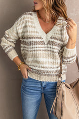 Striped Ribbed V-Neck Drop Shoulder Sweater