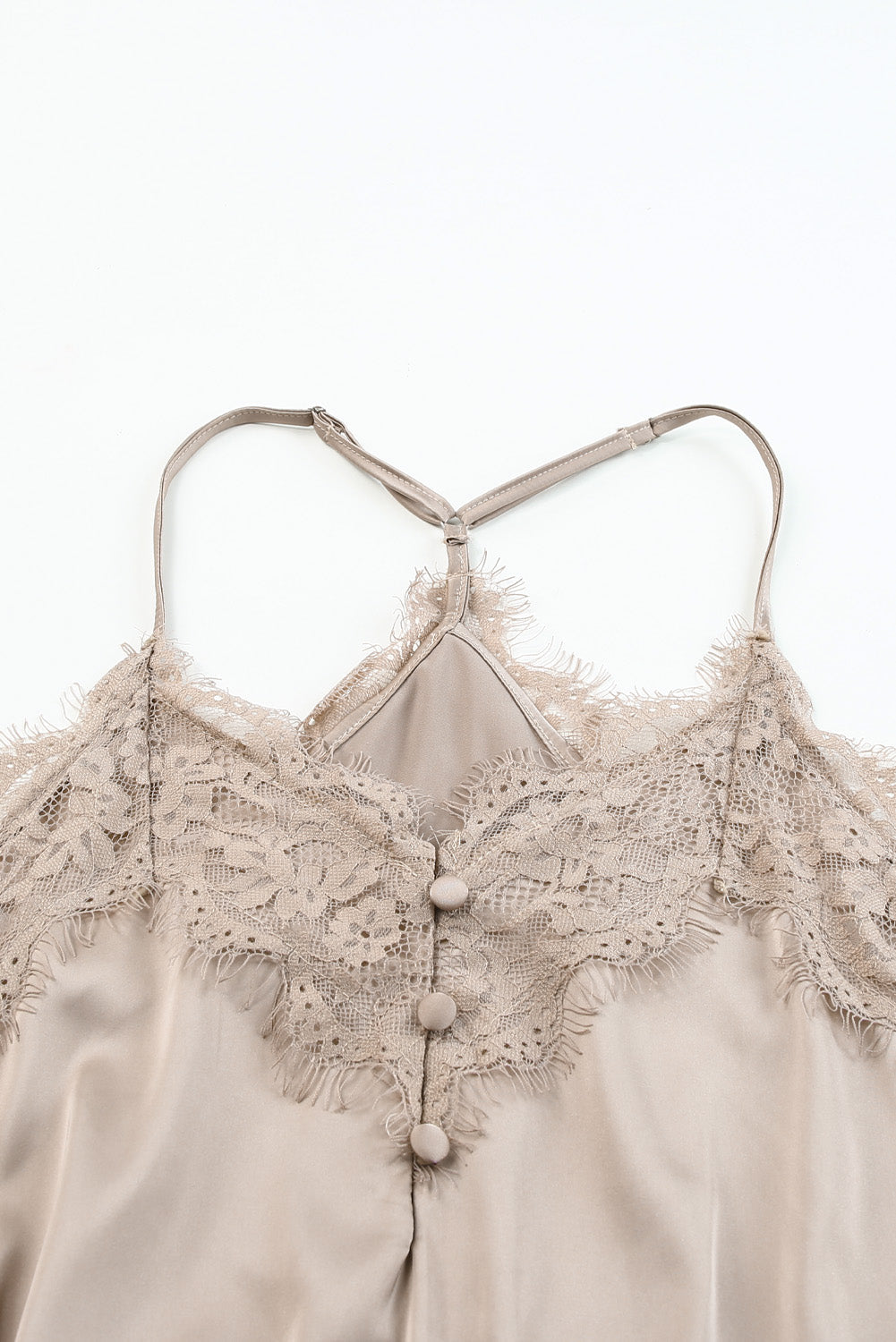 Body boutonné à bretelles spaghetti et bordure en dentelle
