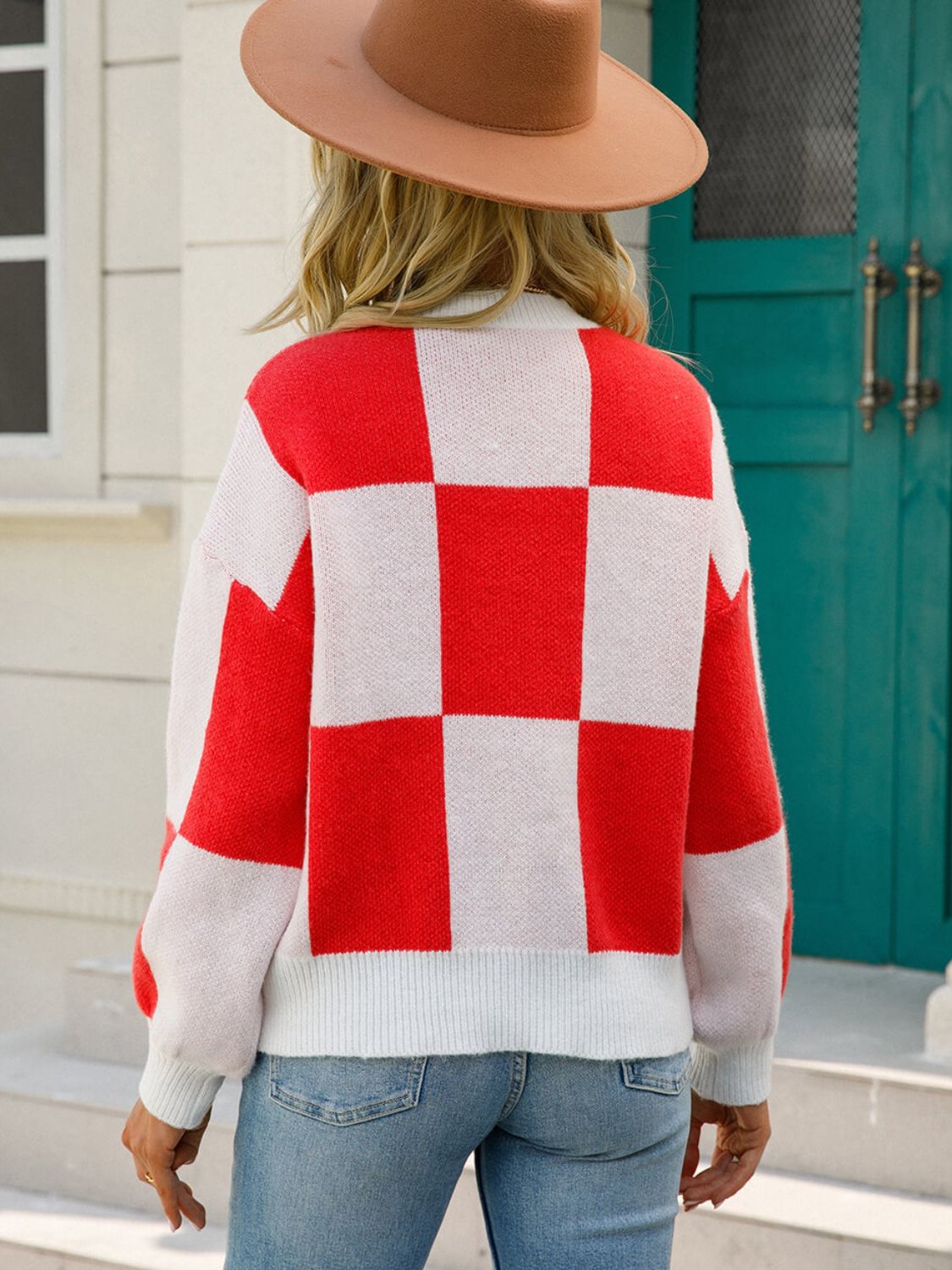 Checkered Dropped Shoulder Knit Pullover