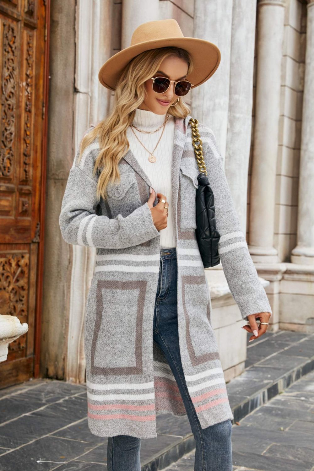 Bedruckter Longline-Cardigan mit offener Vorderseite und Kapuze