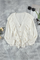 Button Front Ruffle Trim V-Neck Cardigan