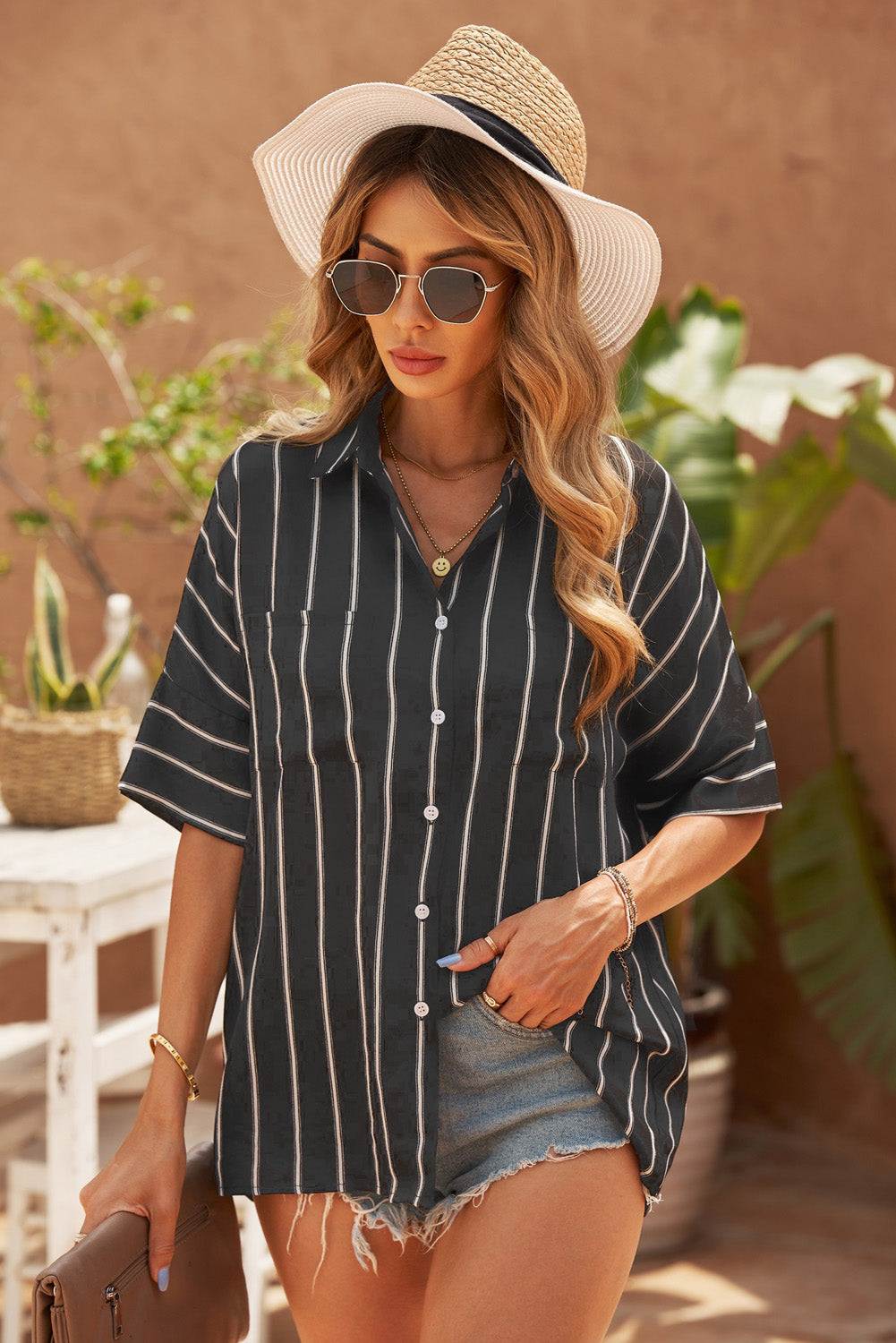 Chemise rayée à manches mi-longues et col