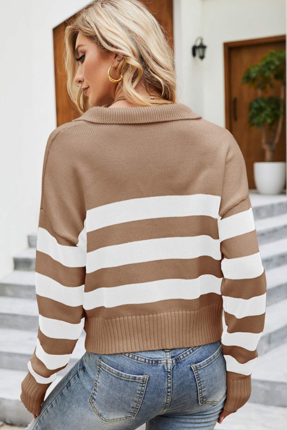 Striped Johnny Collar Dropped Shoulder Sweater