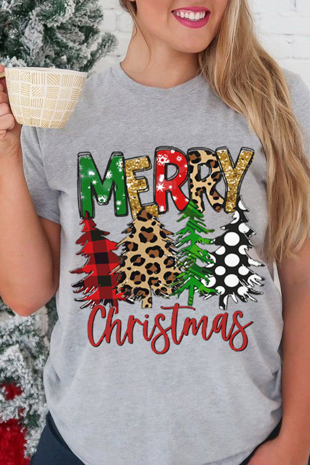 Graues T-Shirt mit Rundhalsausschnitt und Weihnachtsbaum-Print