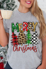 Graues T-Shirt mit Rundhalsausschnitt und Weihnachtsbaum-Print