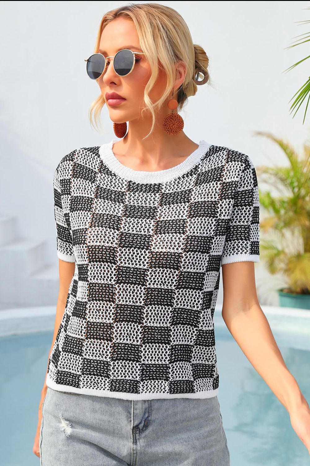 Kariertes Kurzarm-Stricktop