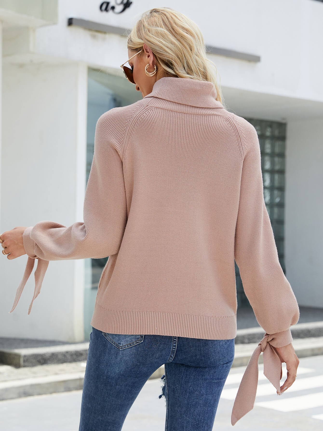 Tie-Cuff Raglan Sleeve Turtleneck Sweater