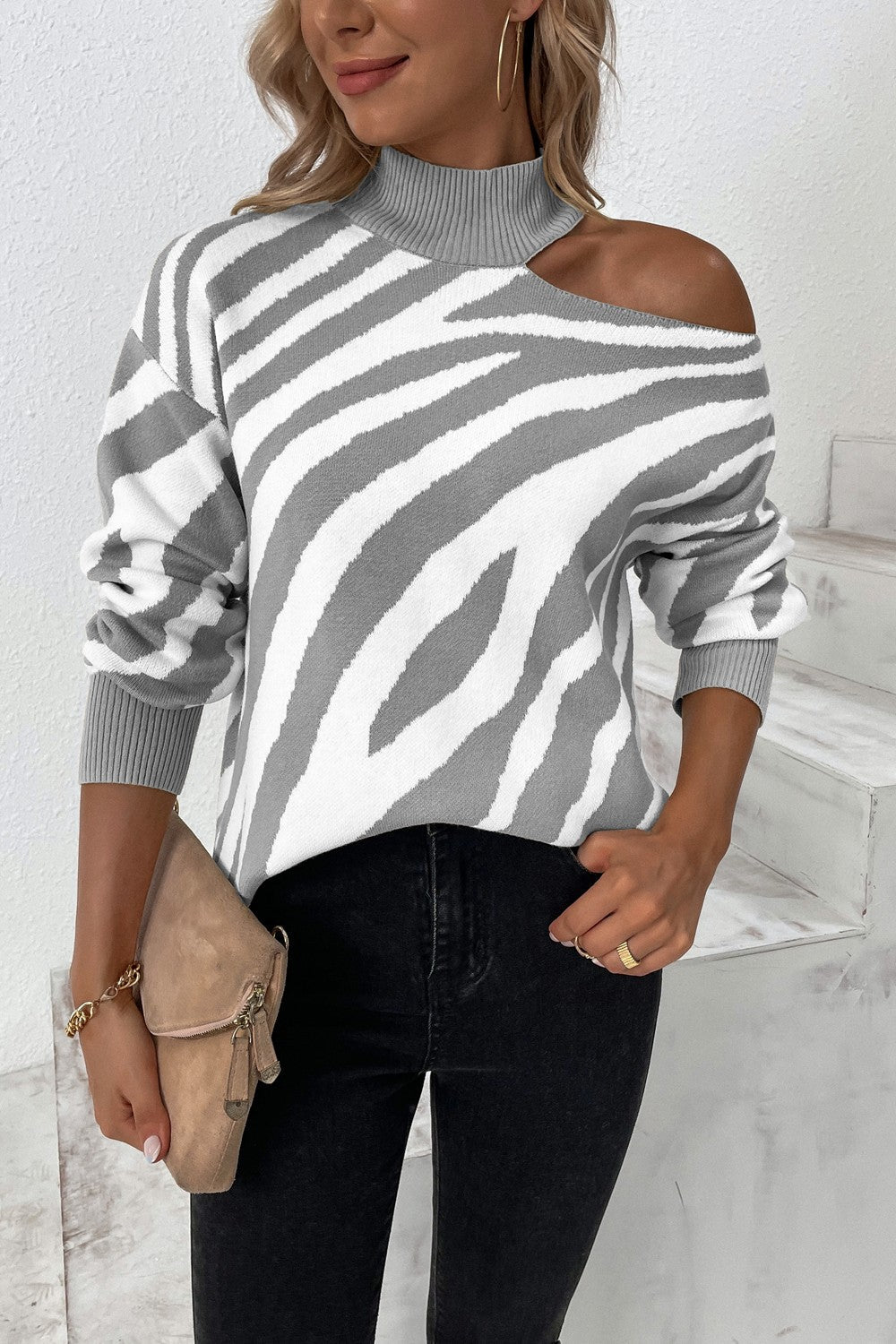 Animal Print Cold-Shoulder Sweater