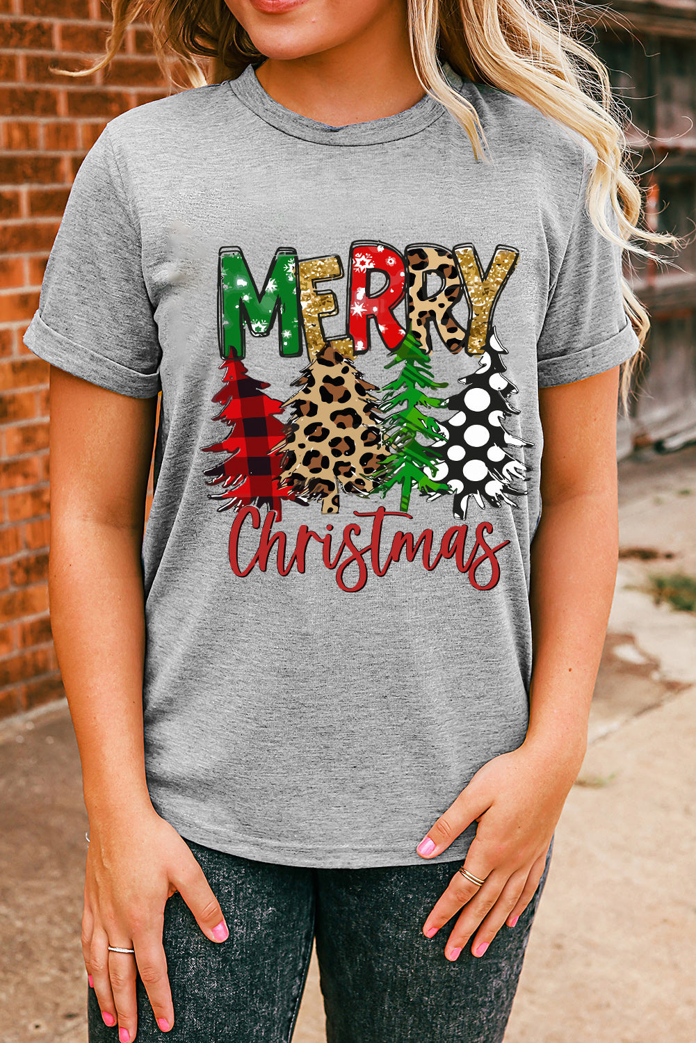 Graues T-Shirt mit Rundhalsausschnitt und Weihnachtsbaum-Print