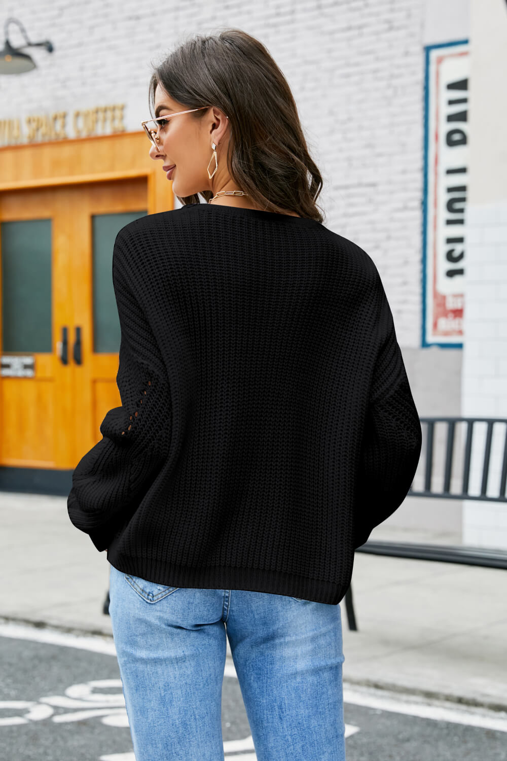 Openwork V-Neck Dropped Shoulder Sweater