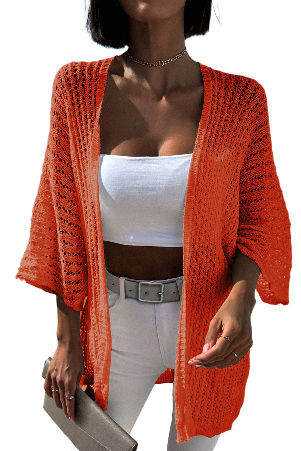 Orangefarbene Strickjacke mit ausgehöhlten Armbandärmeln