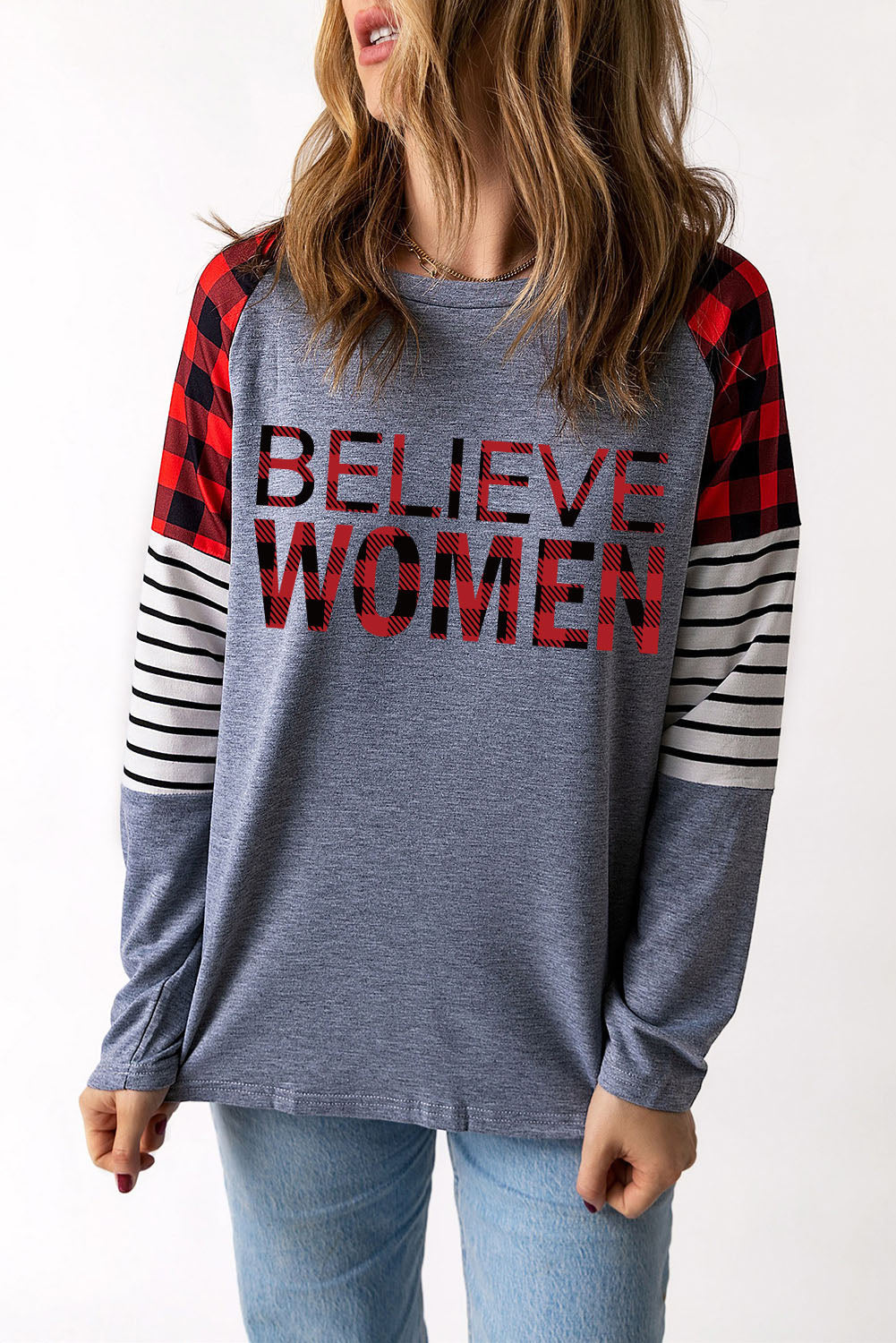 BELIEVE Plaid Striped Raglan Sleeve Top