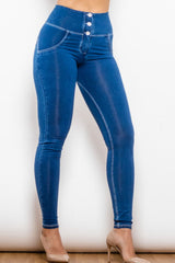 Jean long skinny taille haute boutonné