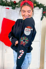 Sweat-shirt graphique à col rond et paillettes noires à motif de Noël