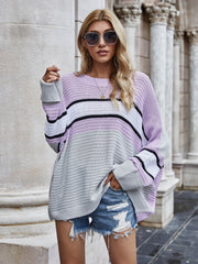 Striped Horizontal Ribbing Long Sleeve Tunic Sweater