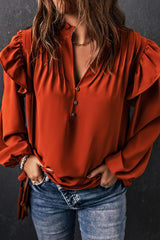 Ruffle Shoulder Buttoned Pleated Detail Blouse